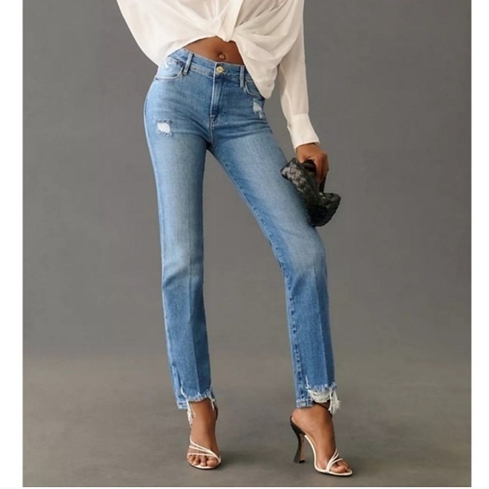 FRAME Le High Straight Leg Jeans Frayed Hem Laskey Rips Blue Denim Size 24